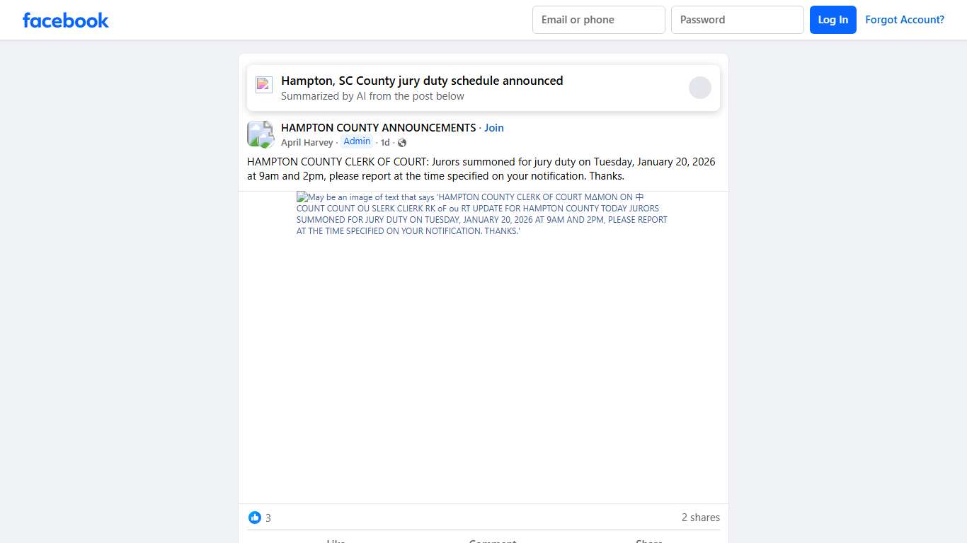 HAMPTON COUNTY ANNOUNCEMENTS | HAMPTON COUNTY CLERK OF COURT: Jurors summoned for jury duty on Tuesday, January 20, 2026 at 9am and 2pm, please report at the time specified on your ... | Facebook